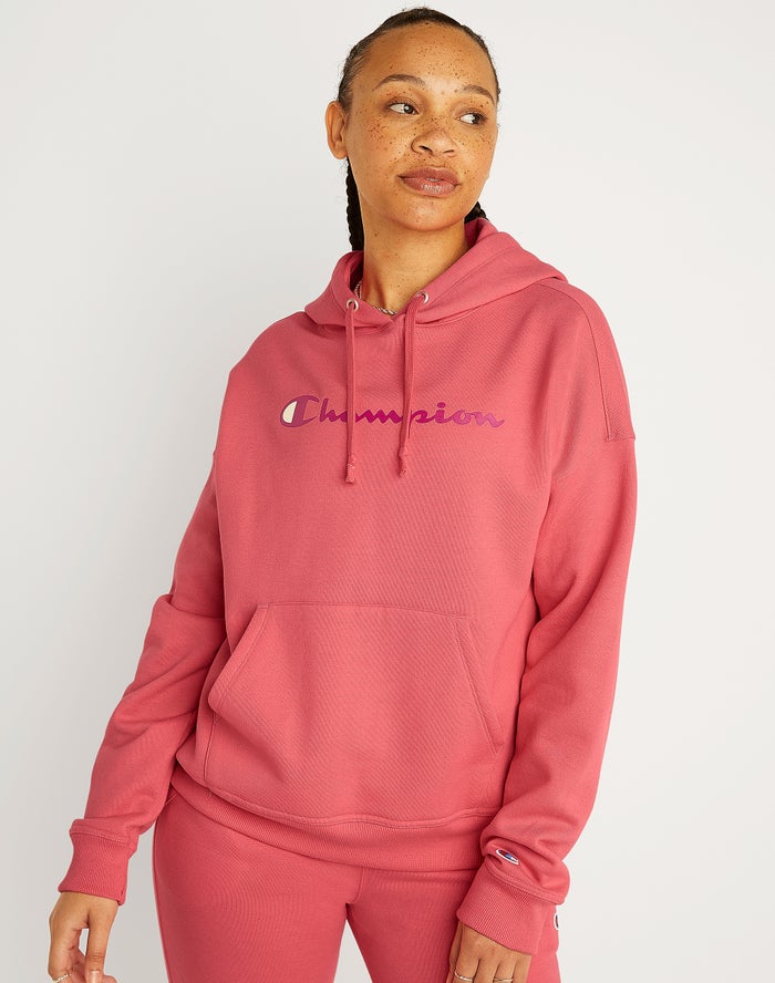 Champion Powerblend Fleece Relaxed Script Logo Kadın Kapşonlu Sweatshirt Mercan ( PXCDUT037 )